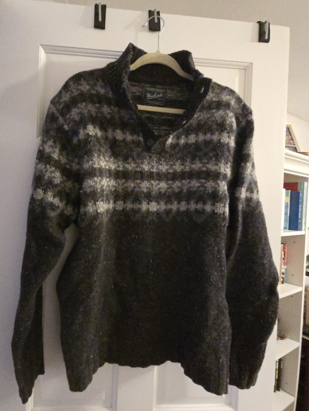 NWT Woolrich Men's Black/Gray Patterned Wool Mock Neck Pullover Sweater Size L
